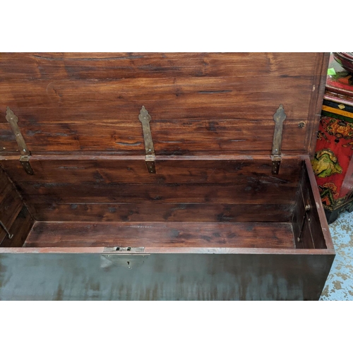 481 - BLANKET BOX, 150cm x 60cm x 50cm, dark stained finish, metal ring handle detail either end.