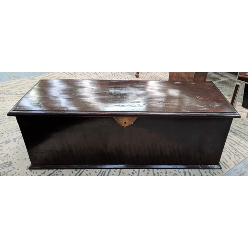 482 - BLANKET BOX, 150cm x 60cm x 50cm, dark stained finish, metal ring handle detail either end.