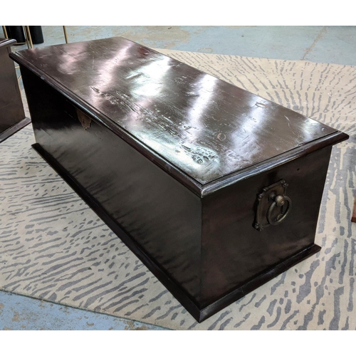 482 - BLANKET BOX, 150cm x 60cm x 50cm, dark stained finish, metal ring handle detail either end.