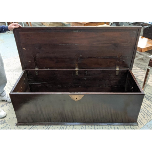 482 - BLANKET BOX, 150cm x 60cm x 50cm, dark stained finish, metal ring handle detail either end.