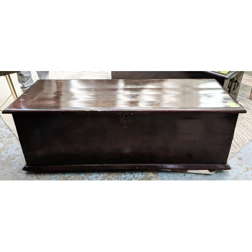 483 - BLANKET BOX, 150cm x 60cm x 50cm, dark stained finish, metal ring handle detail either end.