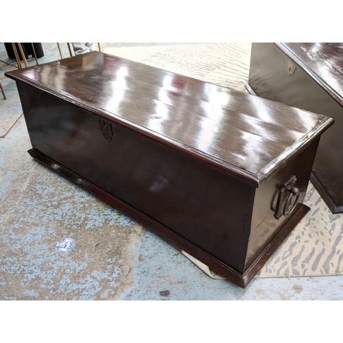 483 - BLANKET BOX, 150cm x 60cm x 50cm, dark stained finish, metal ring handle detail either end.