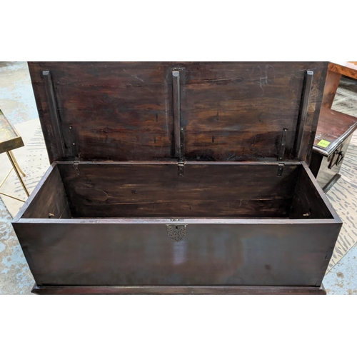 483 - BLANKET BOX, 150cm x 60cm x 50cm, dark stained finish, metal ring handle detail either end.