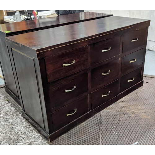 485 - BANK OF DRAWERS, 157cm x 57cm x 91cm, with nine drawers, dark stained finish.