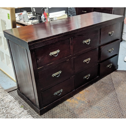 486 - BANK OF DRAWERS, 157cm x 57cm x 91cm, with nine drawers, dark stained finish.