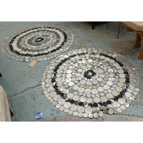 487 - CIRCULAR FLOOR MATS, a pair, made from circular pieces of hide and faux snake skin. (2)