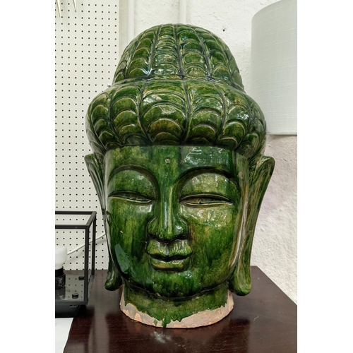 488 - BUDDHA HEAD, 67cm H, green glazed ceramic.