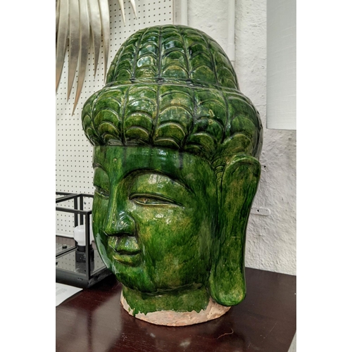 488 - BUDDHA HEAD, 67cm H, green glazed ceramic.