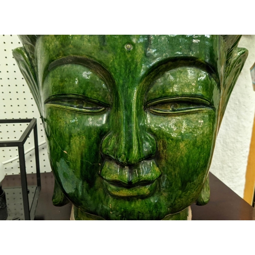 488 - BUDDHA HEAD, 67cm H, green glazed ceramic.