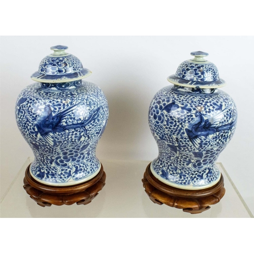 5 - BALUSTER VASES, a pair, Chinese blue and white decorated with floral ground and phoenix on carved st... 