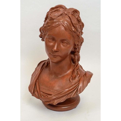 19 - TERRACOTTA HEAD OF A YOUNG WOMEN, 19th century fete Champetres style, 50cm H.