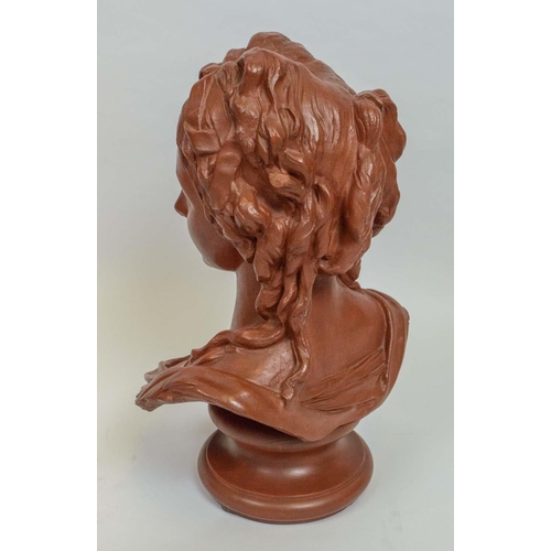 19 - TERRACOTTA HEAD OF A YOUNG WOMEN, 19th century fete Champetres style, 50cm H.