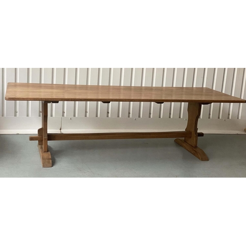 190 - HARVEST/REFECTORY TABLE, rectangular planked oak with trestle end supports and stretcher, 274cm x 10... 