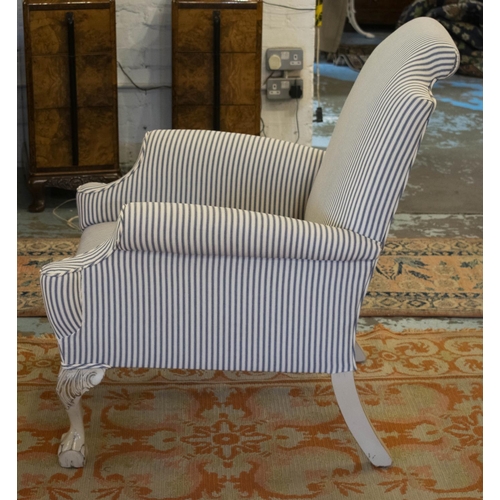 240 - ARMCHAIR, 90cm H x 71cm, Georgian style white painted in ticking fabric.