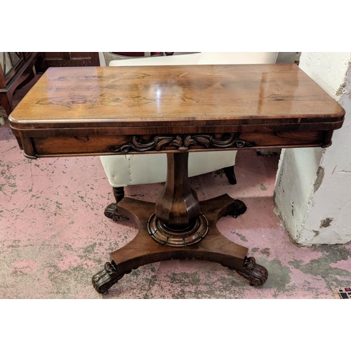 245 - CARD TABLE, 46cm x 91cm x 78cm H, William IV, rosewood with carved detail and red baize top.