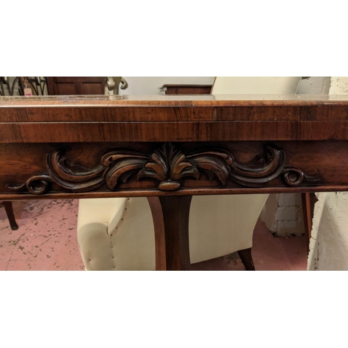 245 - CARD TABLE, 46cm x 91cm x 78cm H, William IV, rosewood with carved detail and red baize top.