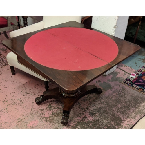 245 - CARD TABLE, 46cm x 91cm x 78cm H, William IV, rosewood with carved detail and red baize top.