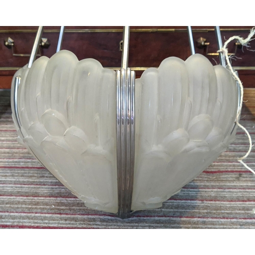 248 - HANOTS CEILING LIGHT, 96cm H x 42cm, Art Deco chrome with a decorative opaque glass shade and three ... 