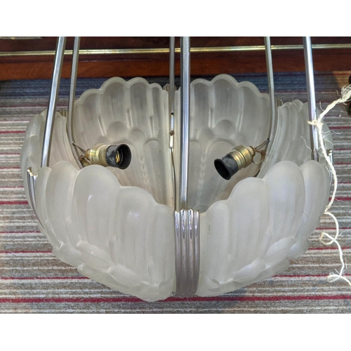 248 - HANOTS CEILING LIGHT, 96cm H x 42cm, Art Deco chrome with a decorative opaque glass shade and three ... 