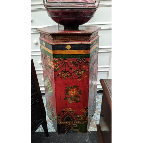 255 - ASIAN HEXAGONAL JARDINIERE STAND, polychrome painted and a small lacquered food container, 38cm x 79... 