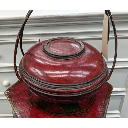 255 - ASIAN HEXAGONAL JARDINIERE STAND, polychrome painted and a small lacquered food container, 38cm x 79... 