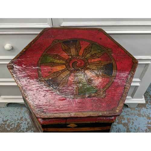 255 - ASIAN HEXAGONAL JARDINIERE STAND, polychrome painted and a small lacquered food container, 38cm x 79... 