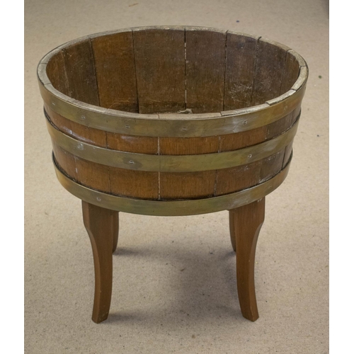 276 - JARDINIERE, 58cm H x 55cm x 43cm, George III oak and brass banded on later legs.