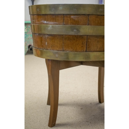 276 - JARDINIERE, 58cm H x 55cm x 43cm, George III oak and brass banded on later legs.