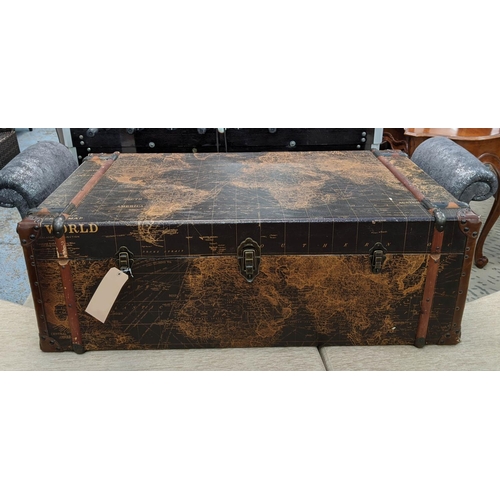 303 - TRUNK, 71cm x 42cm H x 121cm, with a map of the world finish.