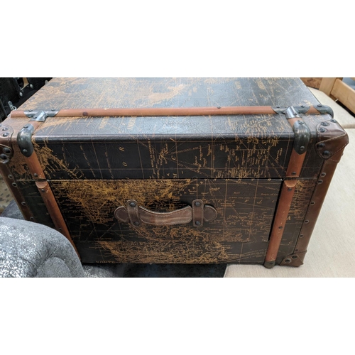 303 - TRUNK, 71cm x 42cm H x 121cm, with a map of the world finish.