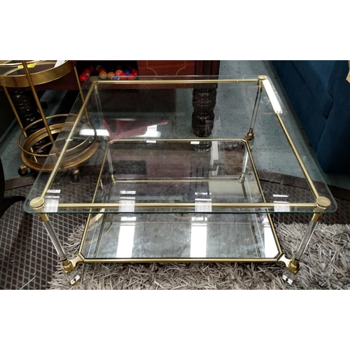 309 - LOW TABLE, 93cm x 93cm x 46cm, 1970s French style, gilt metal and perspex, with glass top and mirror... 