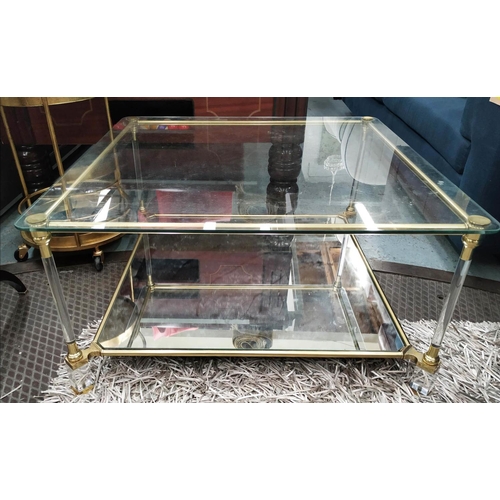 309 - LOW TABLE, 93cm x 93cm x 46cm, 1970s French style, gilt metal and perspex, with glass top and mirror... 