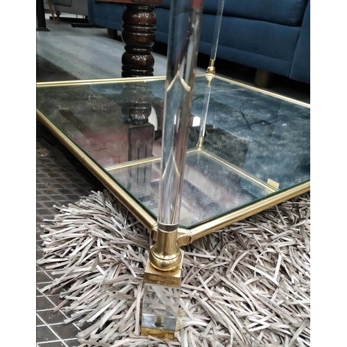 309 - LOW TABLE, 93cm x 93cm x 46cm, 1970s French style, gilt metal and perspex, with glass top and mirror... 