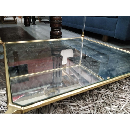 309 - LOW TABLE, 93cm x 93cm x 46cm, 1970s French style, gilt metal and perspex, with glass top and mirror... 