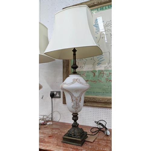 316 - TABLE LAMPS, a pair, each 111cm H, including shades, white glass with gilt decorative detail. (2)