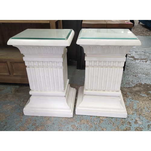 318 - COLUMN PEDESTALS, a pair, 41cm x 35cm x 67cm H with glass tops. (2)