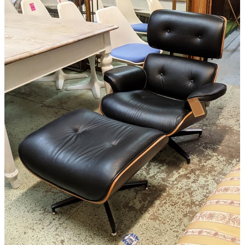 328 - AFTER CHARLES AND RAY EAMES LOUNGE CHAIRS AND OTTOMAN, 84cm W. (2)