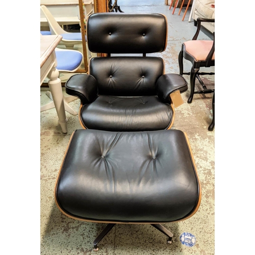 328 - AFTER CHARLES AND RAY EAMES LOUNGE CHAIRS AND OTTOMAN, 84cm W. (2)