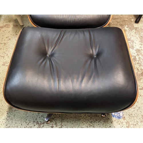 328 - AFTER CHARLES AND RAY EAMES LOUNGE CHAIRS AND OTTOMAN, 84cm W. (2)