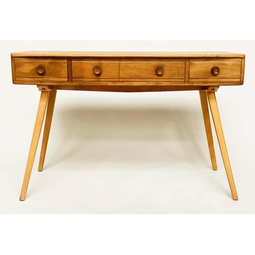 331 - ERCOL WRITING TABLE, solid elm with three frieze drawers and splay supports, 114cm x 48cm D x 74cm H... 