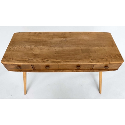 331 - ERCOL WRITING TABLE, solid elm with three frieze drawers and splay supports, 114cm x 48cm D x 74cm H... 