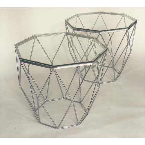 332 - SIDE TABLES, a pair, octagonal glazed with chrome lattice supports, 65cm W x 54cm H. (2)