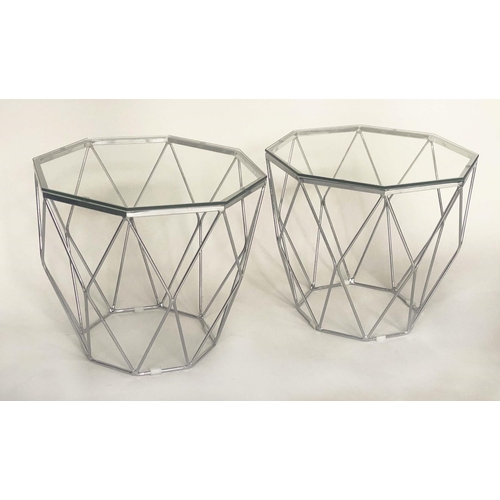 332 - SIDE TABLES, a pair, octagonal glazed with chrome lattice supports, 65cm W x 54cm H. (2)