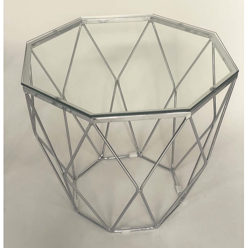 332 - SIDE TABLES, a pair, octagonal glazed with chrome lattice supports, 65cm W x 54cm H. (2)