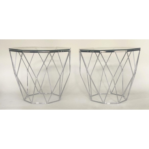 332 - SIDE TABLES, a pair, octagonal glazed with chrome lattice supports, 65cm W x 54cm H. (2)