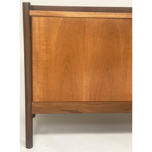 335 - VANSONS SIDE CABINET, 1960s teak with three drawers flanked by cupboards and stile supports, 183cm x... 