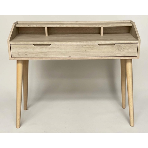 336 - WRITING TABLE, contemporary grey oak of shallow proportions with full with frieze drawer, compartmen... 