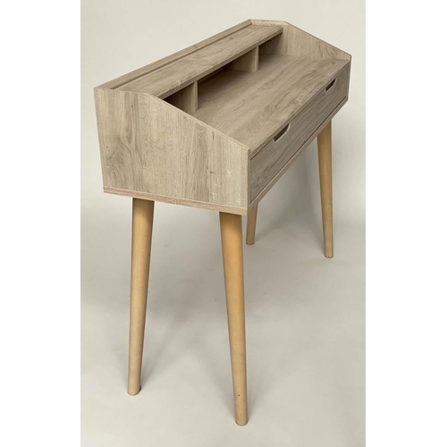 336 - WRITING TABLE, contemporary grey oak of shallow proportions with full with frieze drawer, compartmen... 