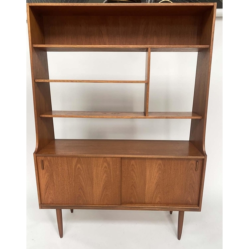 337 - BOOKCASE, 1960s teak with open shelves above two sliding panel doors, 120cm W x 170cm H x 37cm D.