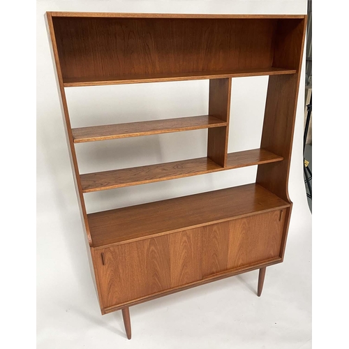 337 - BOOKCASE, 1960s teak with open shelves above two sliding panel doors, 120cm W x 170cm H x 37cm D.